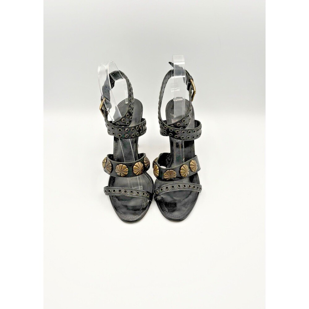 Manolo Blahnik Black Leather Heels Shell & Grommet Embellishment Size EU 37